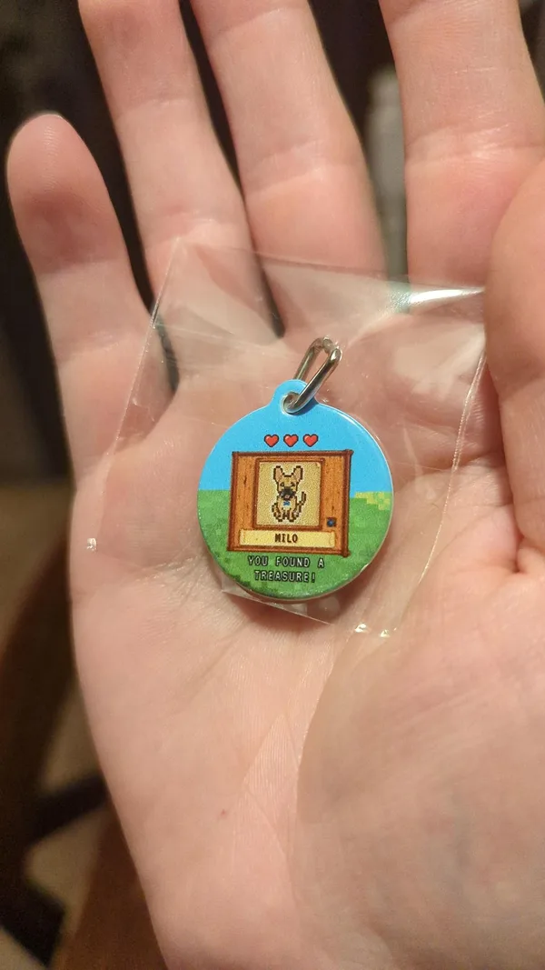 Buyer photo: pixel-art tag with a small tan dog portrait and the name Milo, still in its sleeve