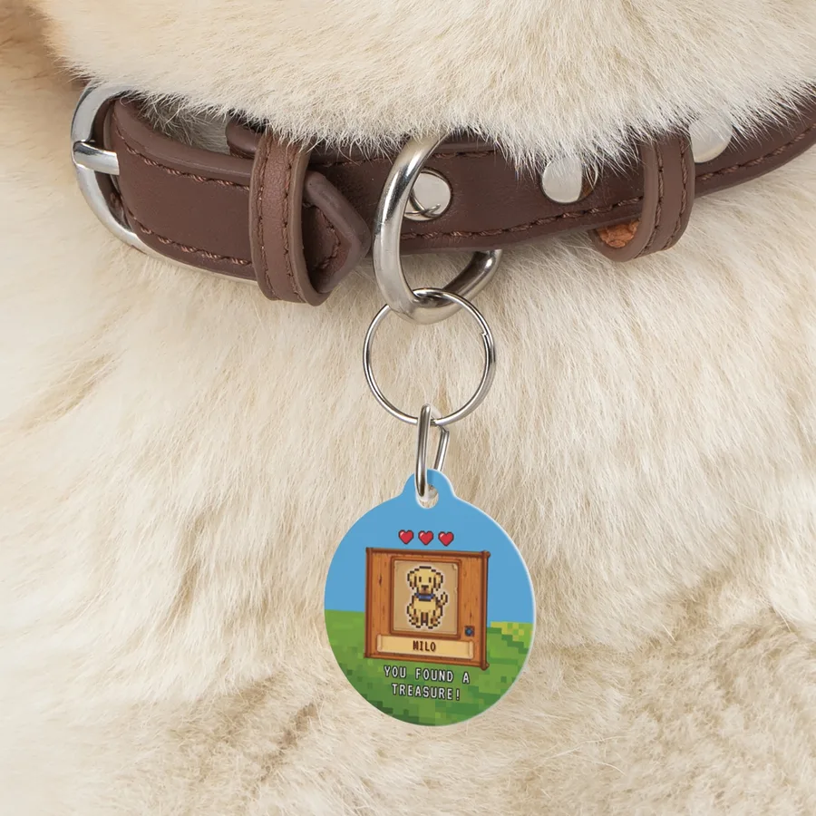 Pixel-art pet tag hanging from a brown leather collar on a cream-colored dog