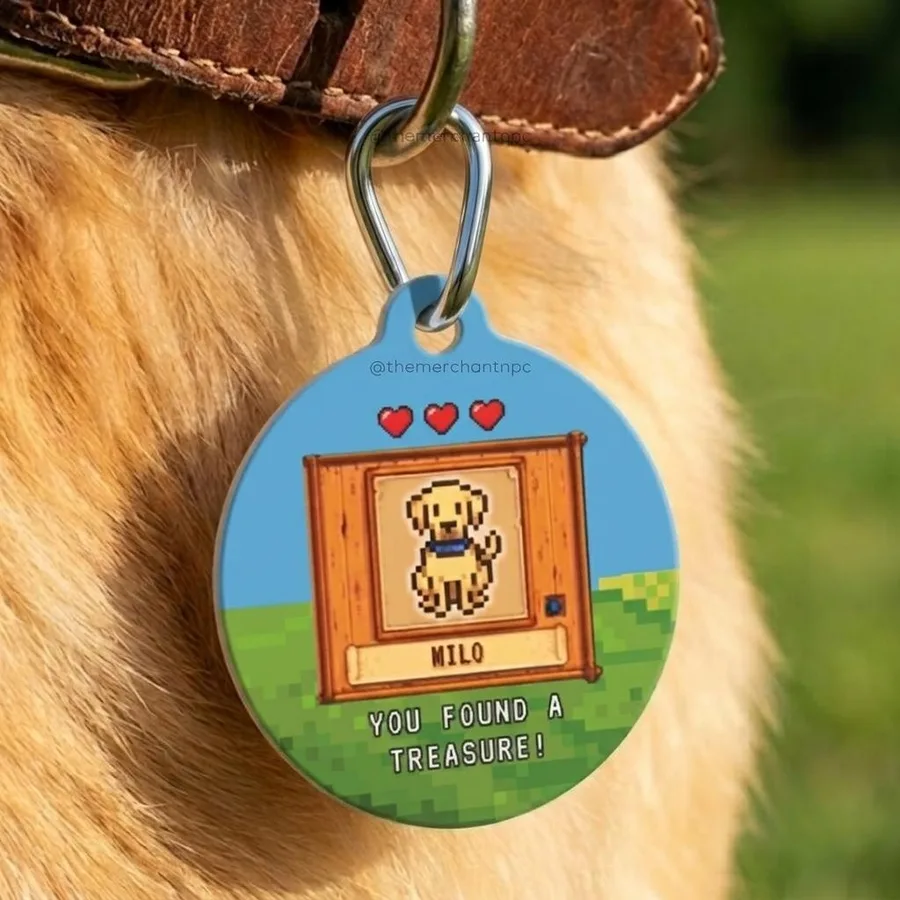 Golden retriever wearing a collar with a custom pixel-art pet tag