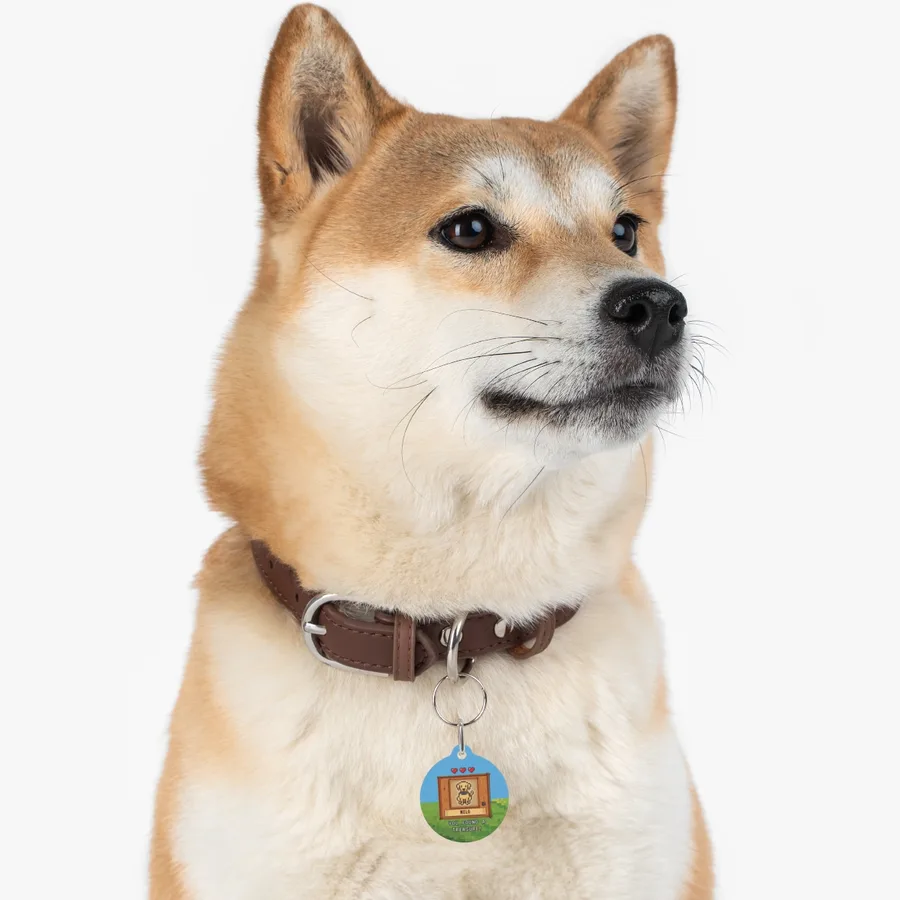 Shiba inu wearing a collar with a custom pixel-art pet tag